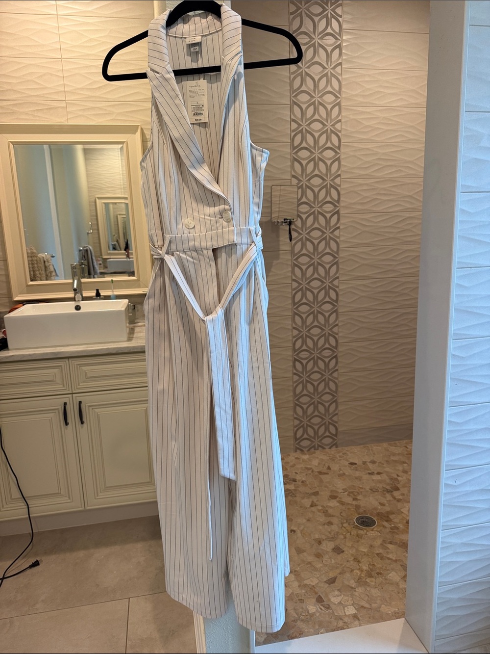 Sleeveless Pinstripe Wide-Leg Jumpsuit